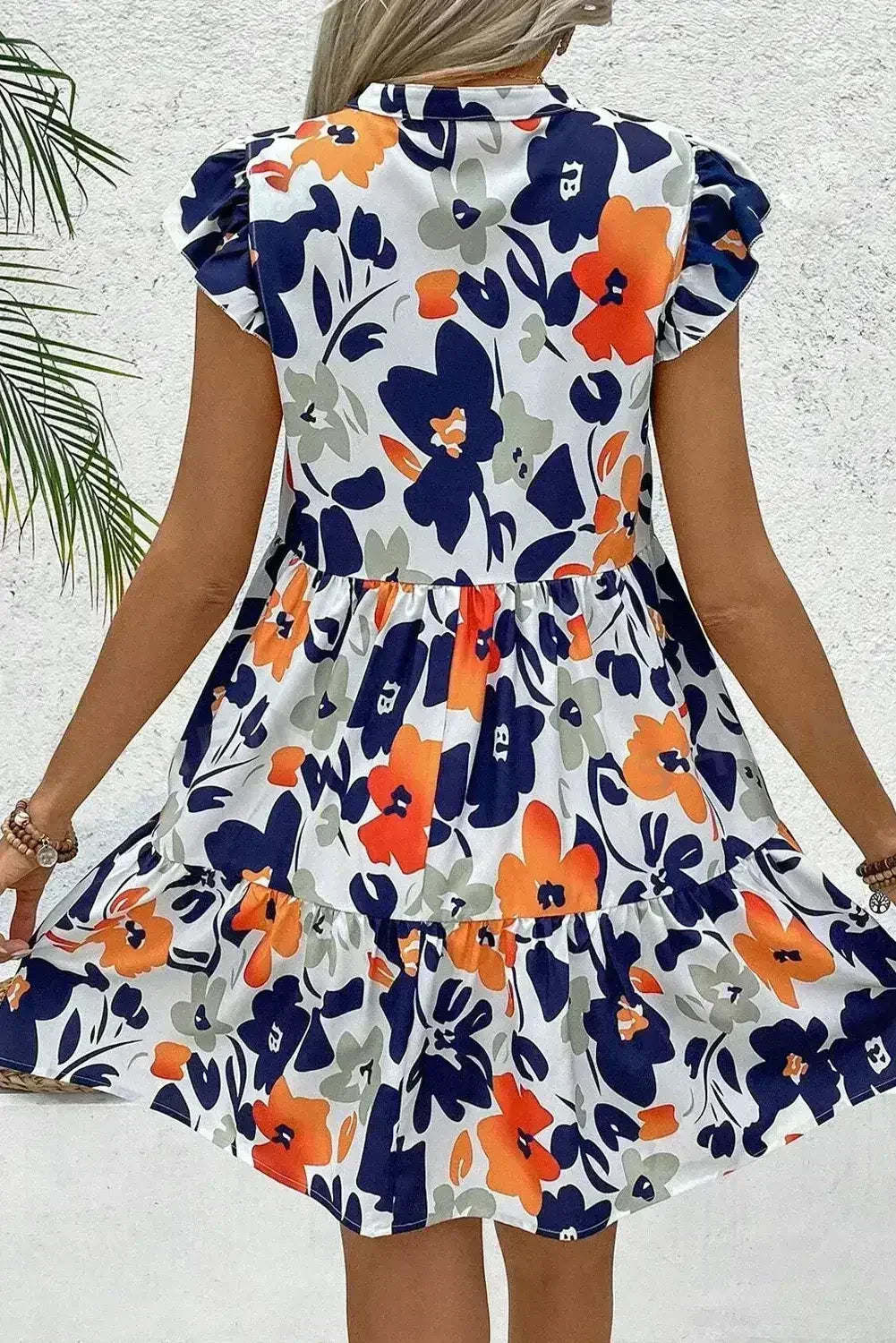 Rose Floral Print Notched Neck Flutter Sleeve Mini Dress