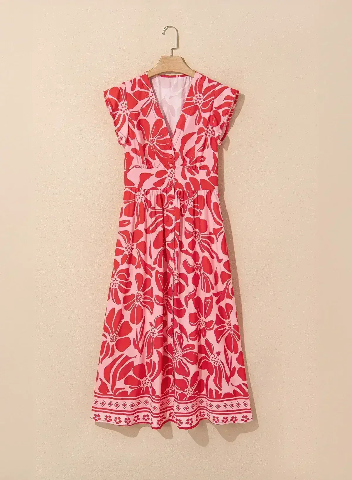 Red Boho Floral V-Neck Ruffle Shoulder Maxi Dress