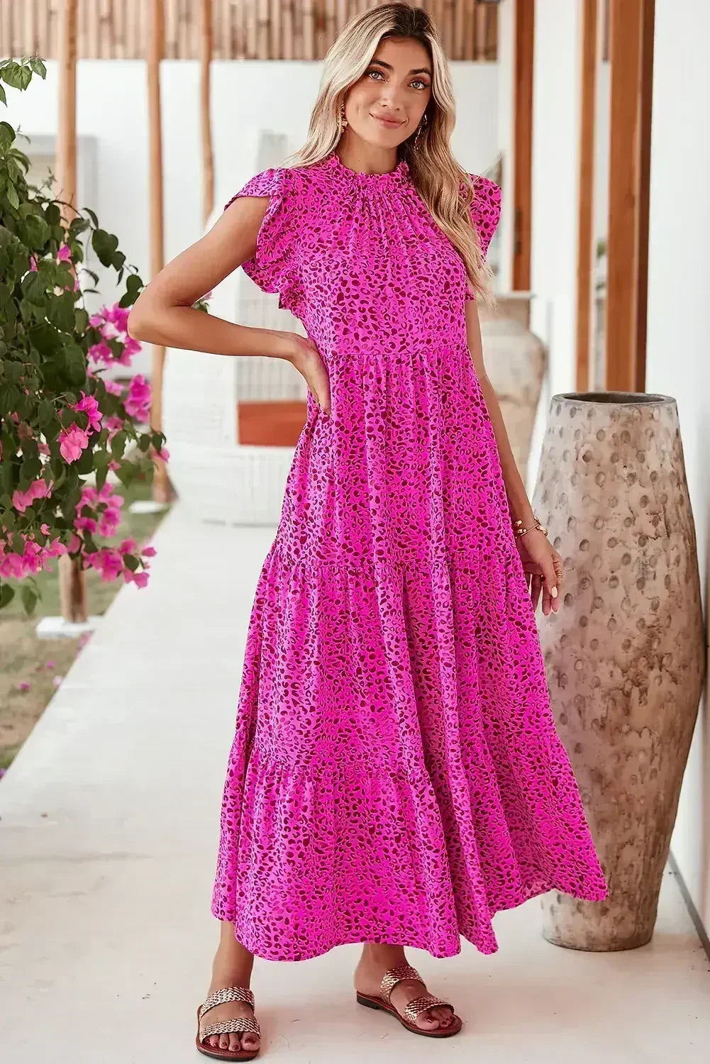 Rose Red Leopard Print Ruffle Sleeveless Maxi Dress