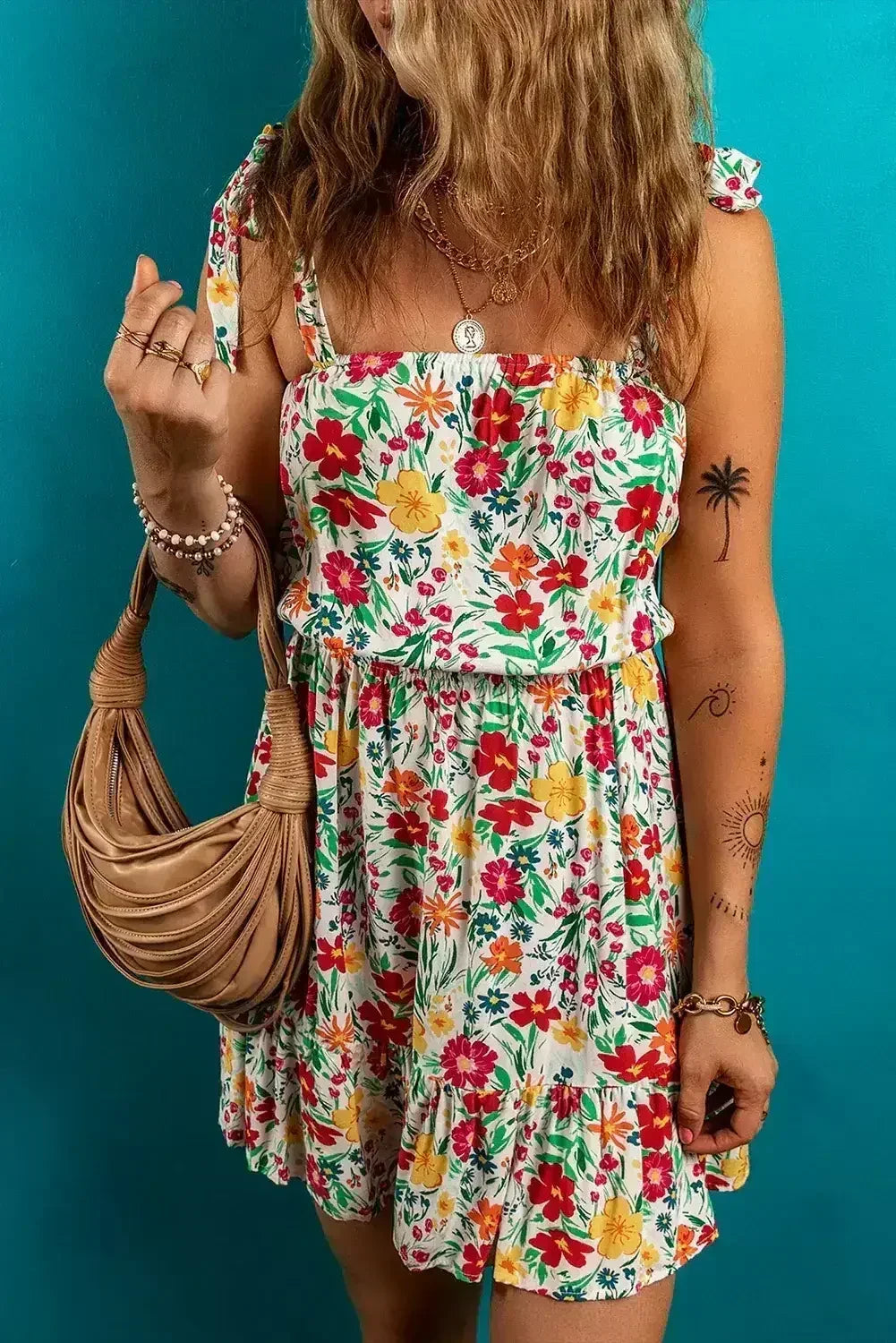 Red Floral Print Knotted Strap Cinched Waist Ruffle Hem Mini Dress