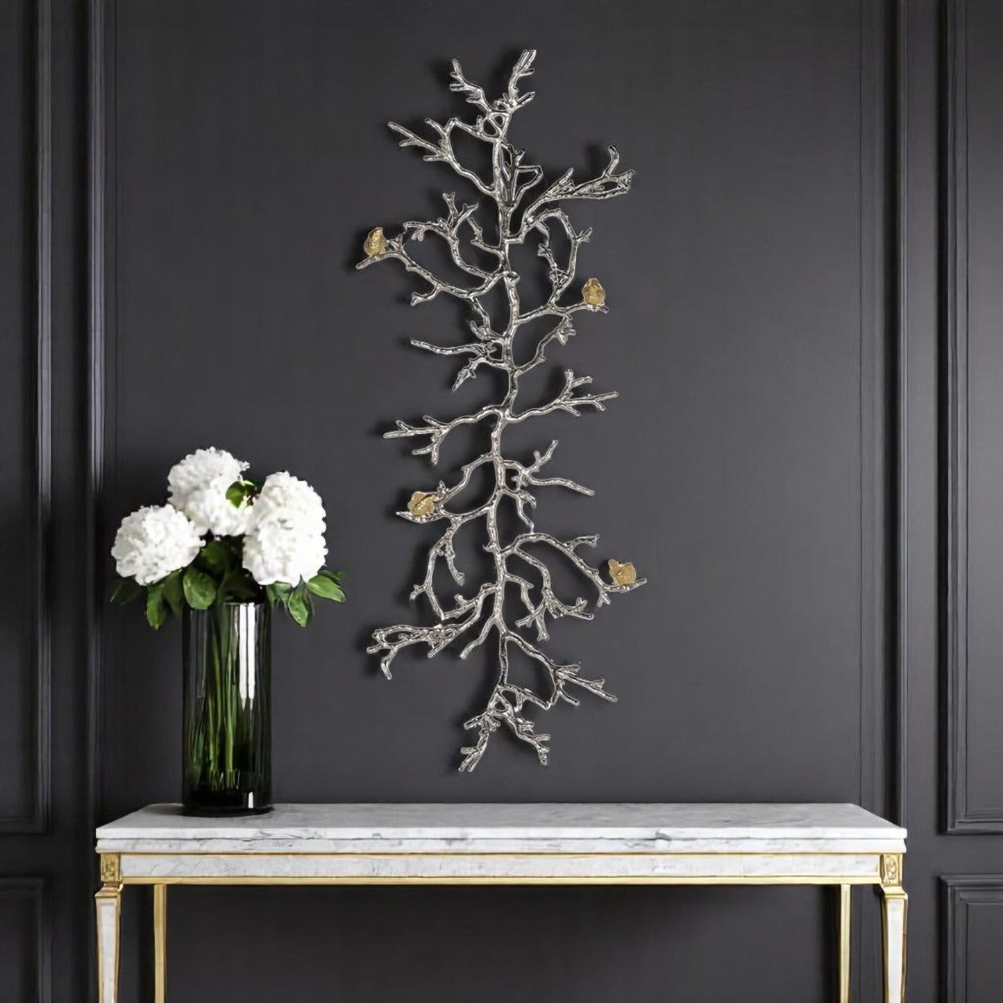 44" Silver And Gold Aluminum Branches And Birds Hanging Dimensional | Kitchen + Metal