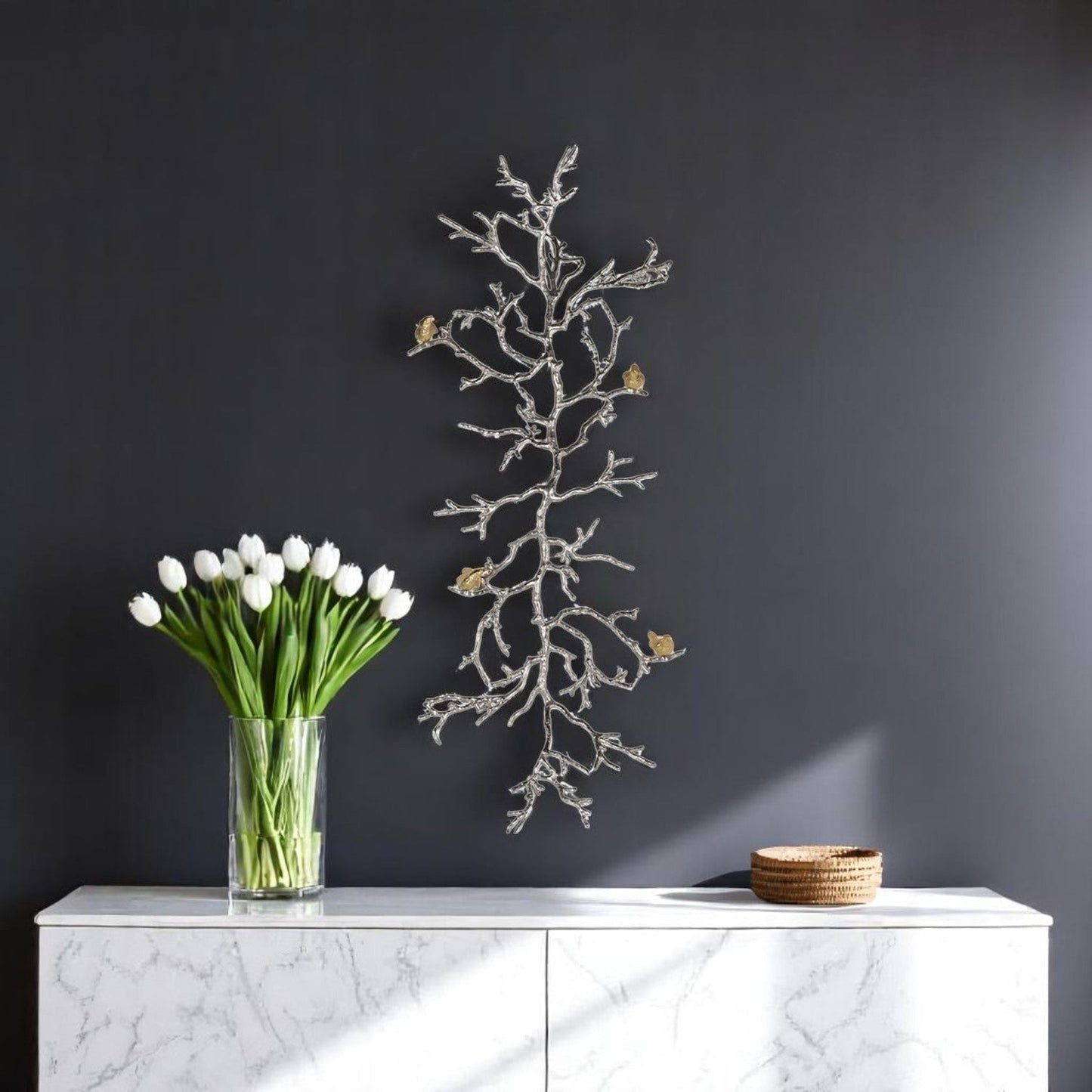 44" Silver And Gold Aluminum Branches And Birds Hanging Dimensional | Kitchen + Metal