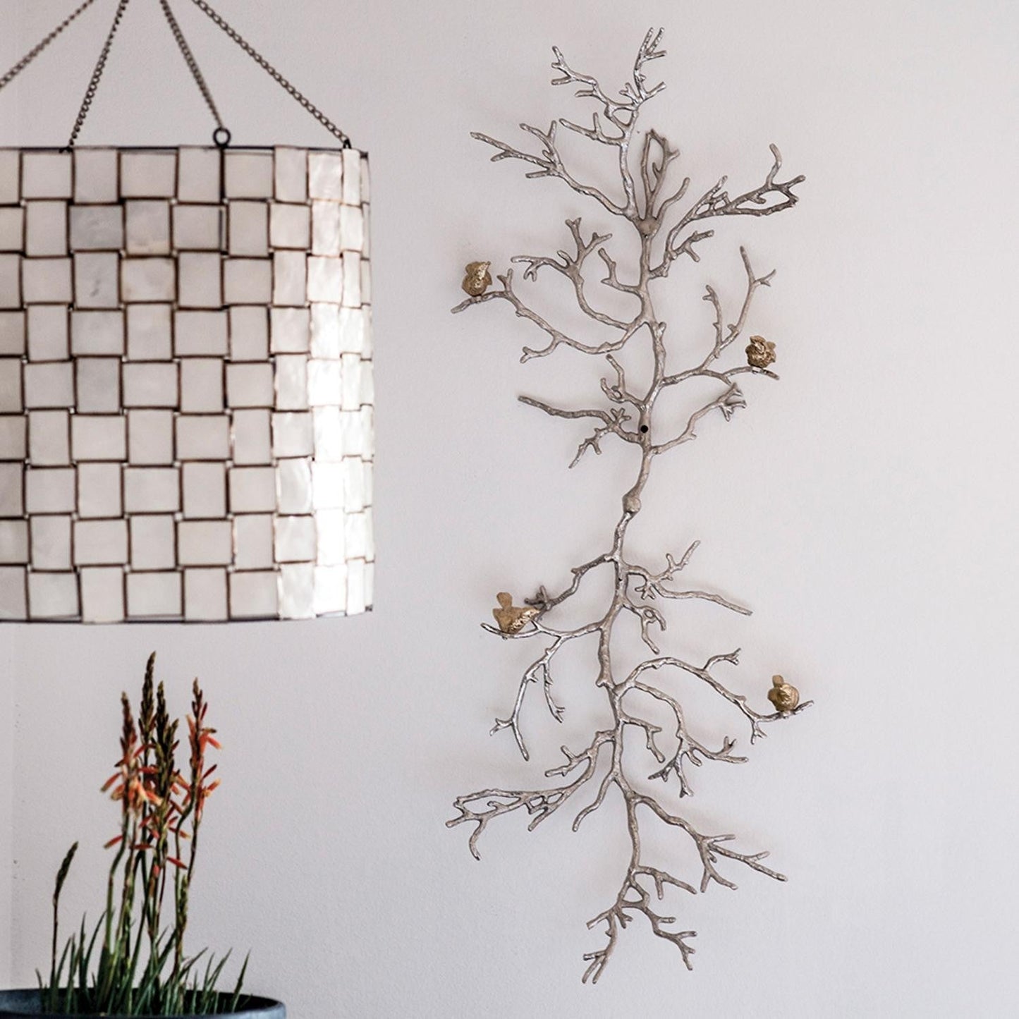 44" Silver And Gold Aluminum Branches And Birds Hanging Dimensional | Kitchen + Metal