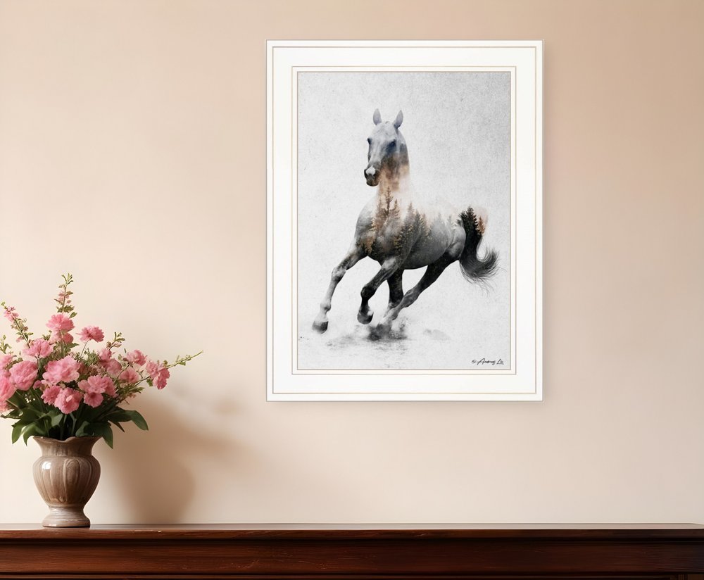 Framed artwork of a horse running on a wall above a wooden surface with a vase of flowers.