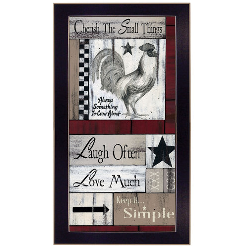 Decorative wall art with rooster illustration and motivational phrases in a black frame.