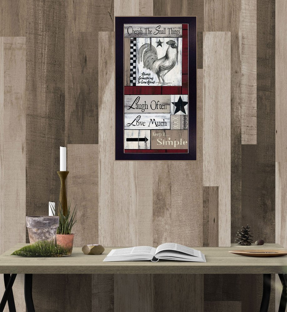 Decorative wall art with rooster design on a wooden wall above a table.