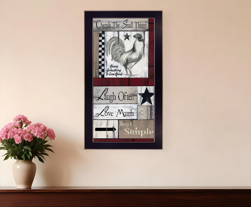 Decorative wall art with motivational phrases and a rooster illustration on a beige wall.