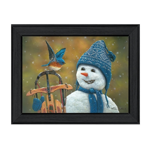Framed artwork of a snowman with a blue knit hat and scarf, sitting next to a bird on a branch.