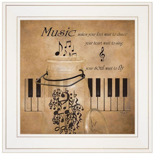 Decorative wall art with musical elements and text on a brown background
