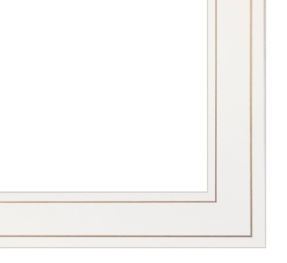 White picture frame with gold trim on a white background