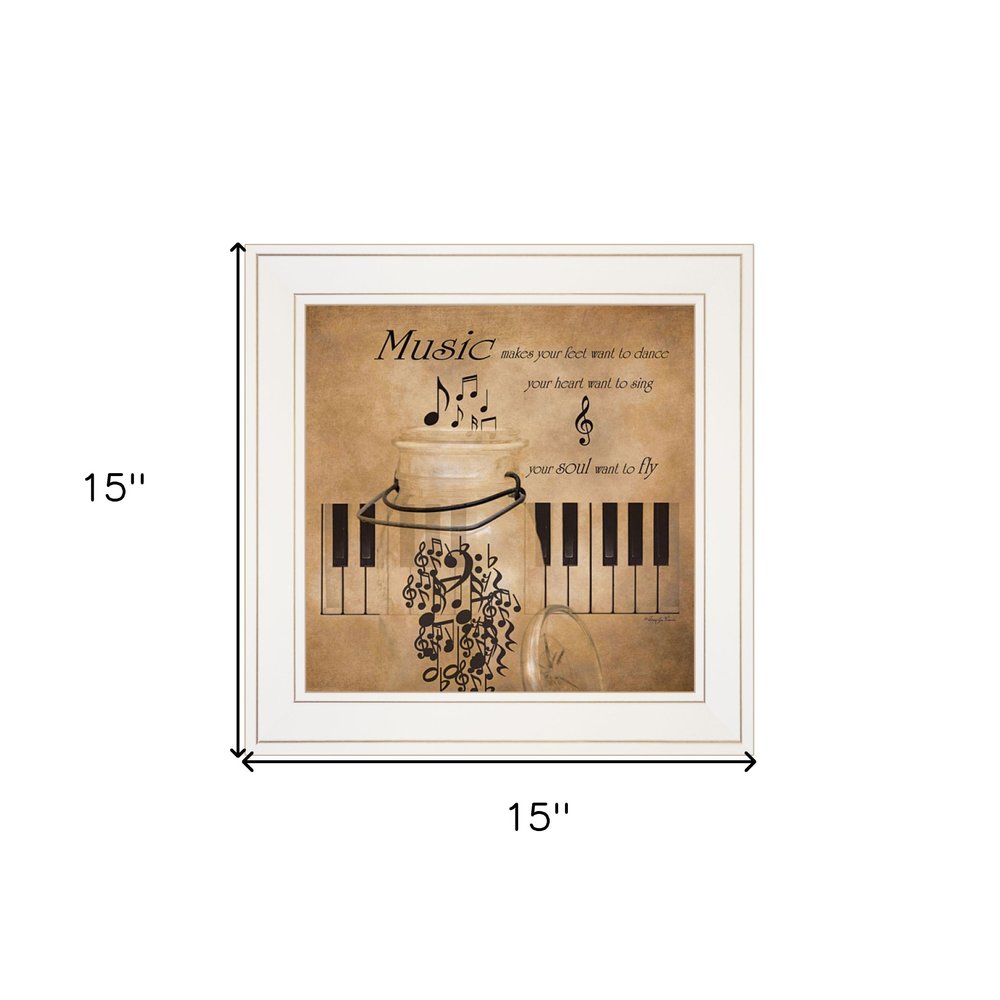 Framed artwork with musical notes and keyboard design, labeled '15"' on a white background.
