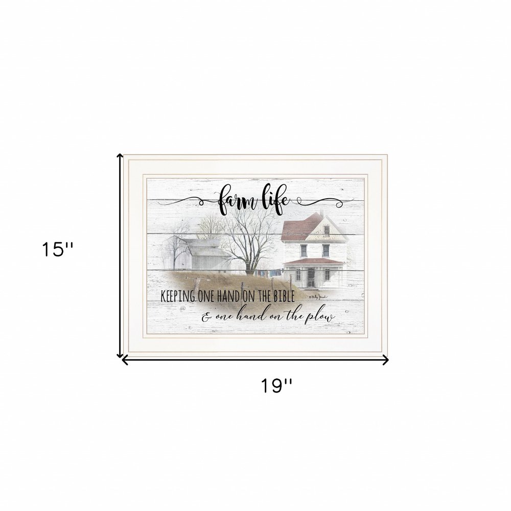 Framed print with a farmhouse scene and text, shown with dimensions on a white background.