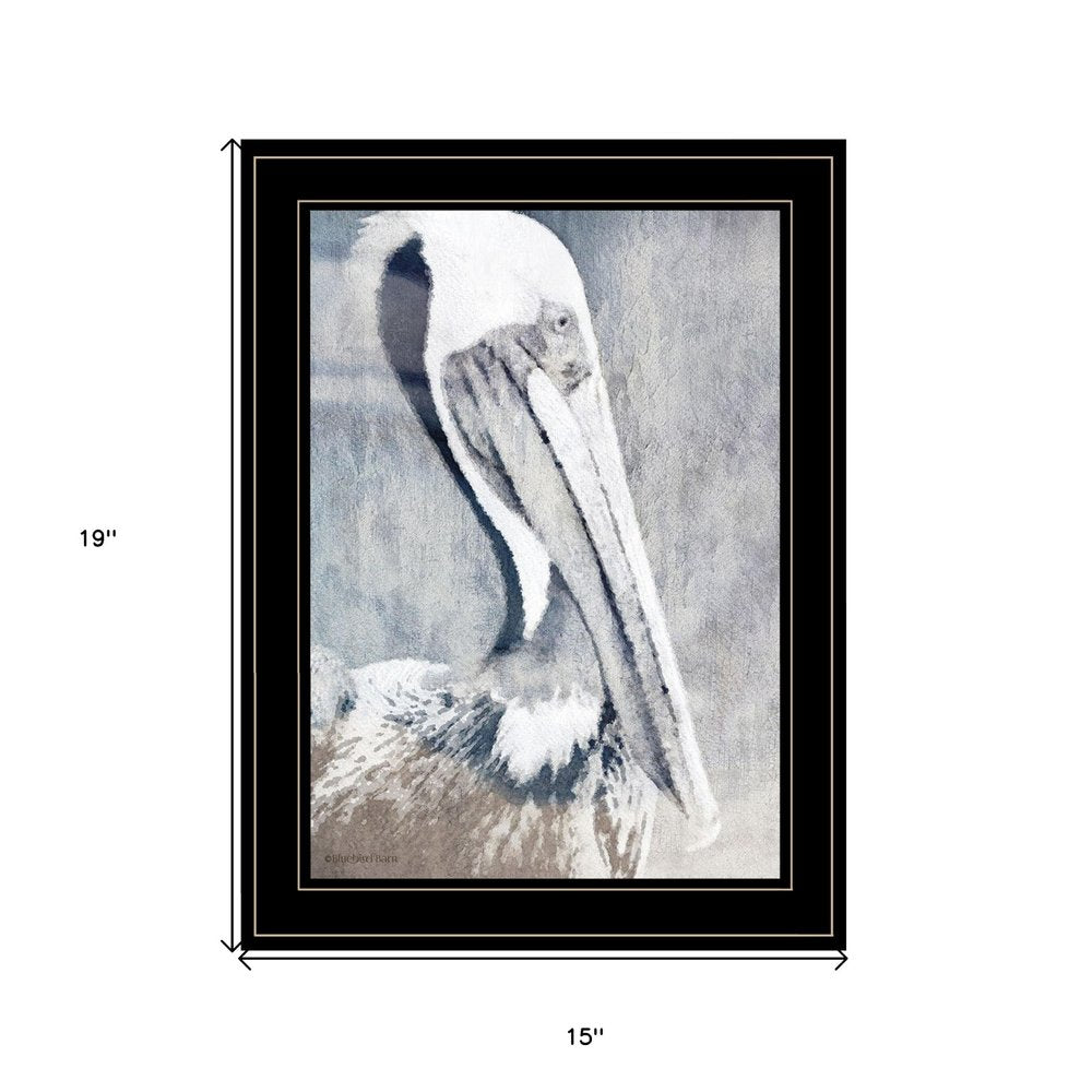Framed artwork of a pelican with dimensions indicated