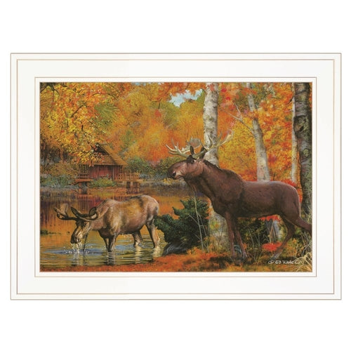Painting of two moose by a lake with autumn foliage and a cabin in the background.