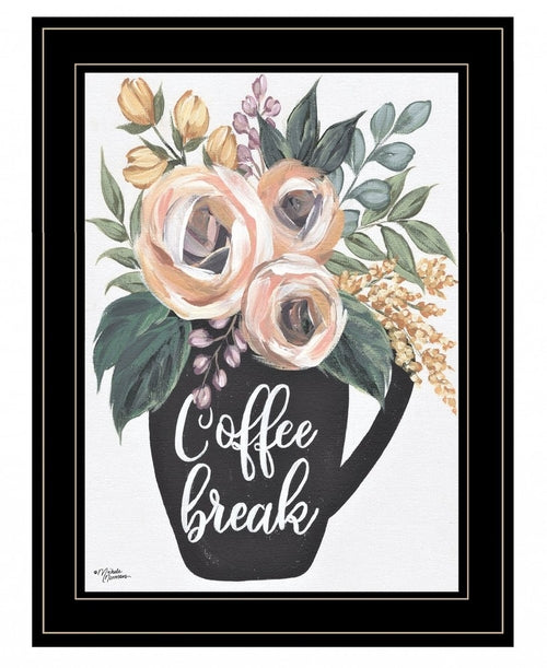 Framed artwork of a coffee cup with flowers and 'Coffee break' text on a white background.