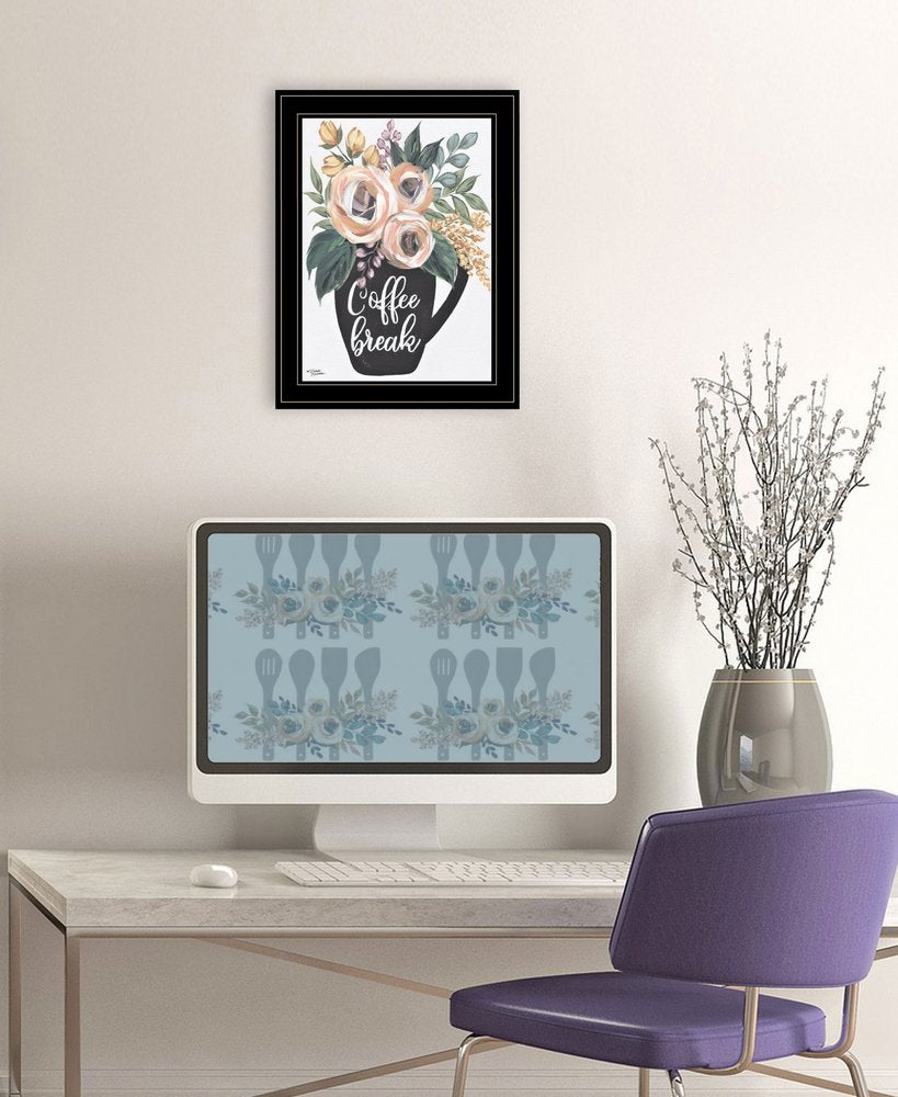 Modern office setup with a computer, desk, and decorative elements.
