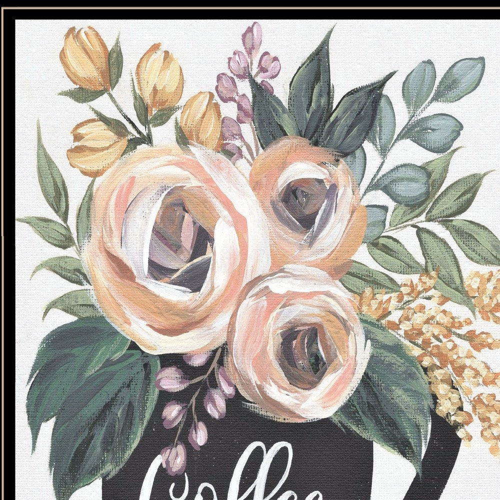 Floral arrangement with roses and greenery on a black background