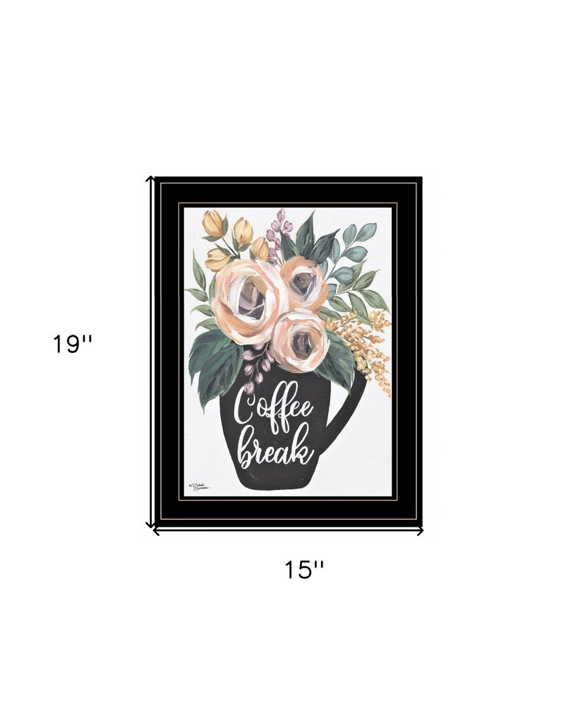 Framed artwork with floral design and 'Coffee Break' text, dimensions indicated.