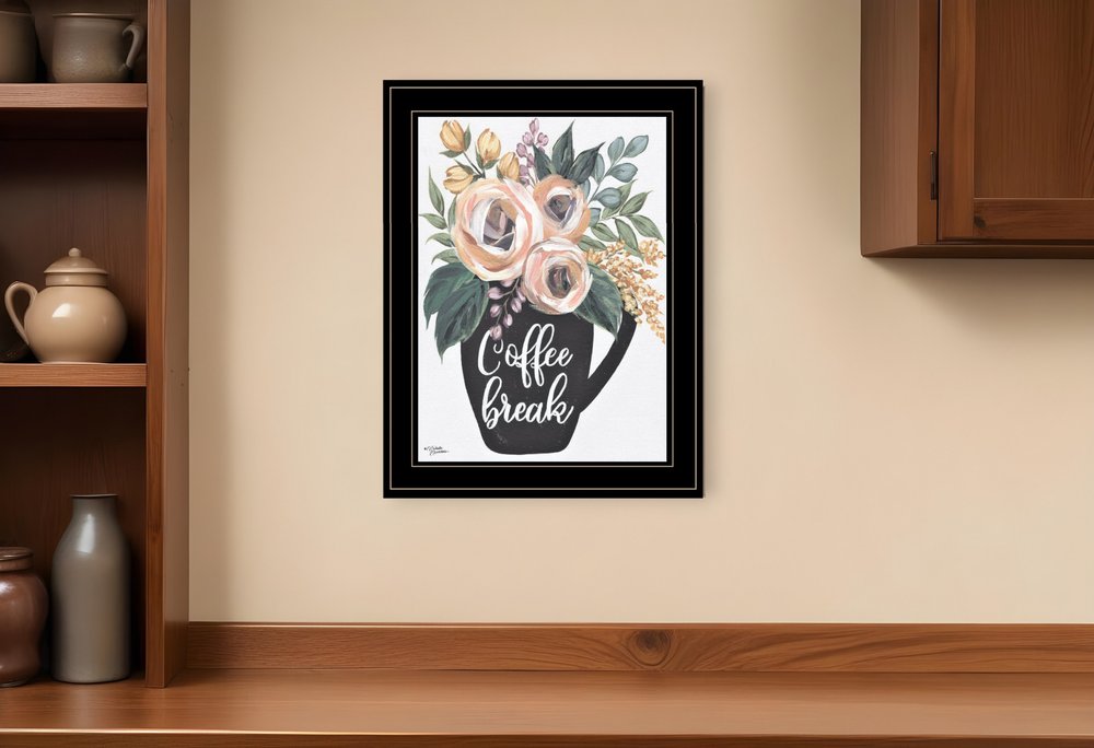Framed artwork with floral design and 'Coffee Break' text on a wall above a wooden shelf.
