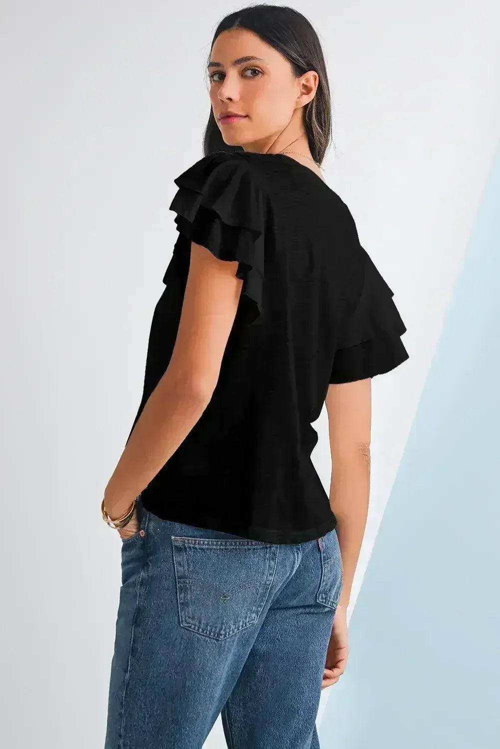 Dark Grey Ruffle Sleeve Plain Blouse | Femstylo