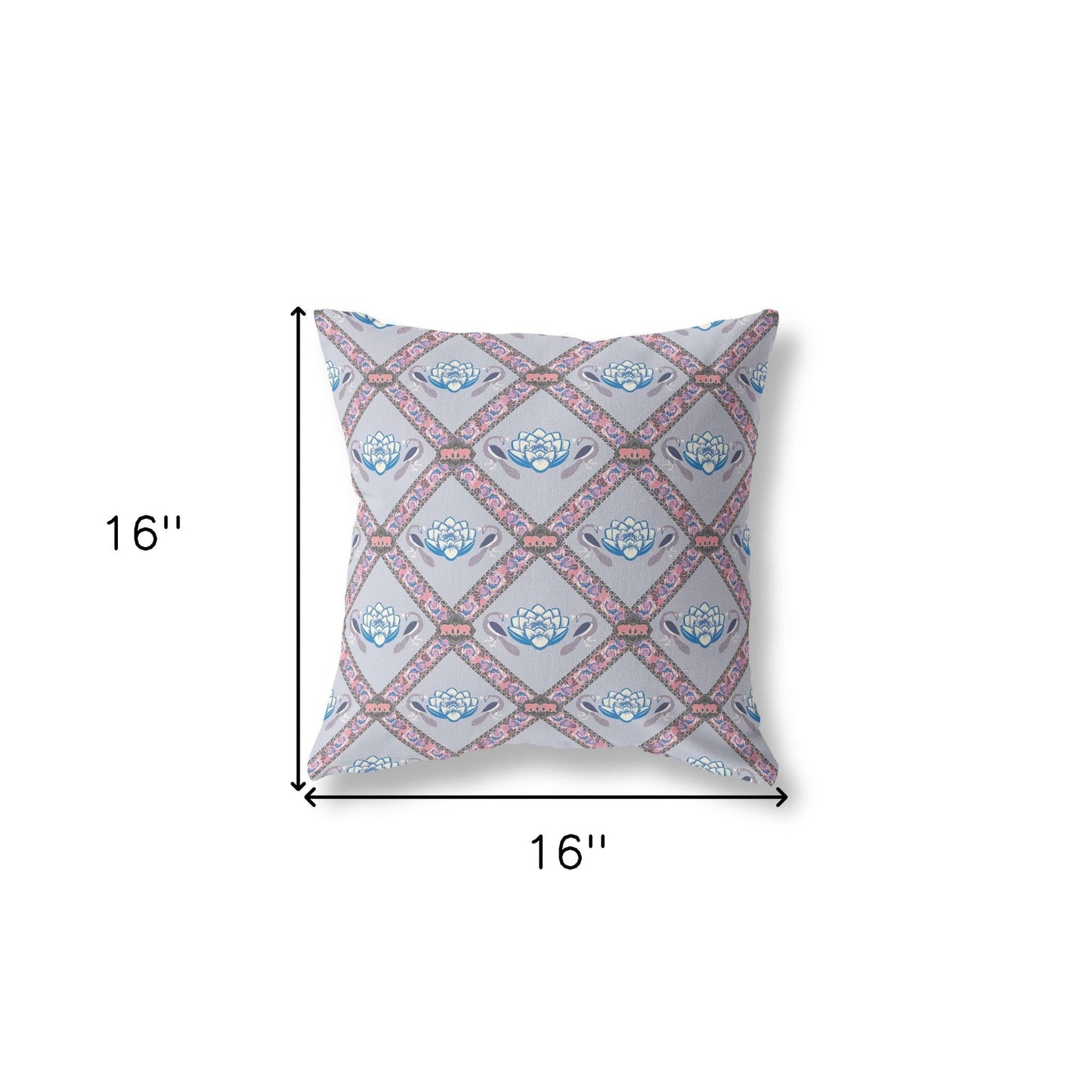 16" X 16" Gray And Pink Blown Seam Geometric Indoor Outdoor Throw Pillow