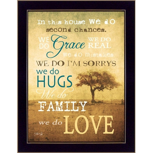 Framed artwork with motivational quote about love, family, and grace, featuring a tree in the background.