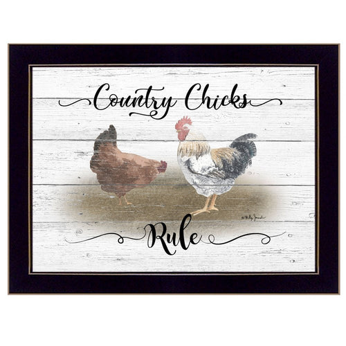 Framed artwork with two chickens and 'Country Chicks Rule' text on a wooden background.