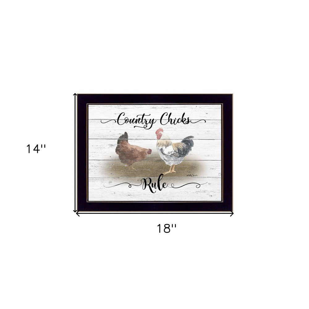 Framed artwork with chickens and text 'Country Chicks Rule' on a white background