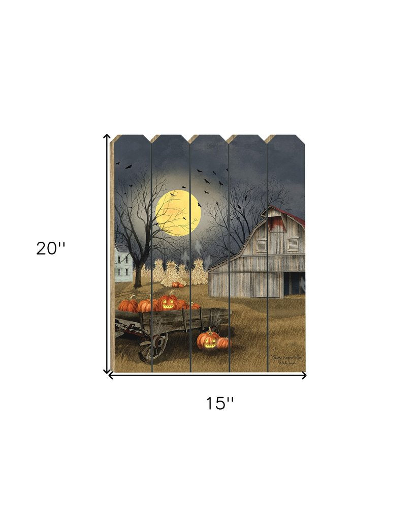 Decorative wall art with pumpkins, a cart, and a moonlit sky, with dimensions indicated.