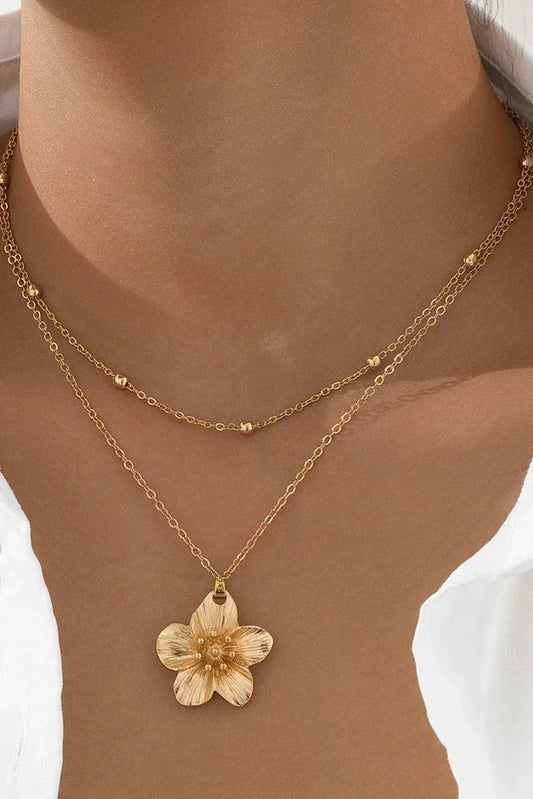 Gold Double Layered Flower Pendant Chain Necklace