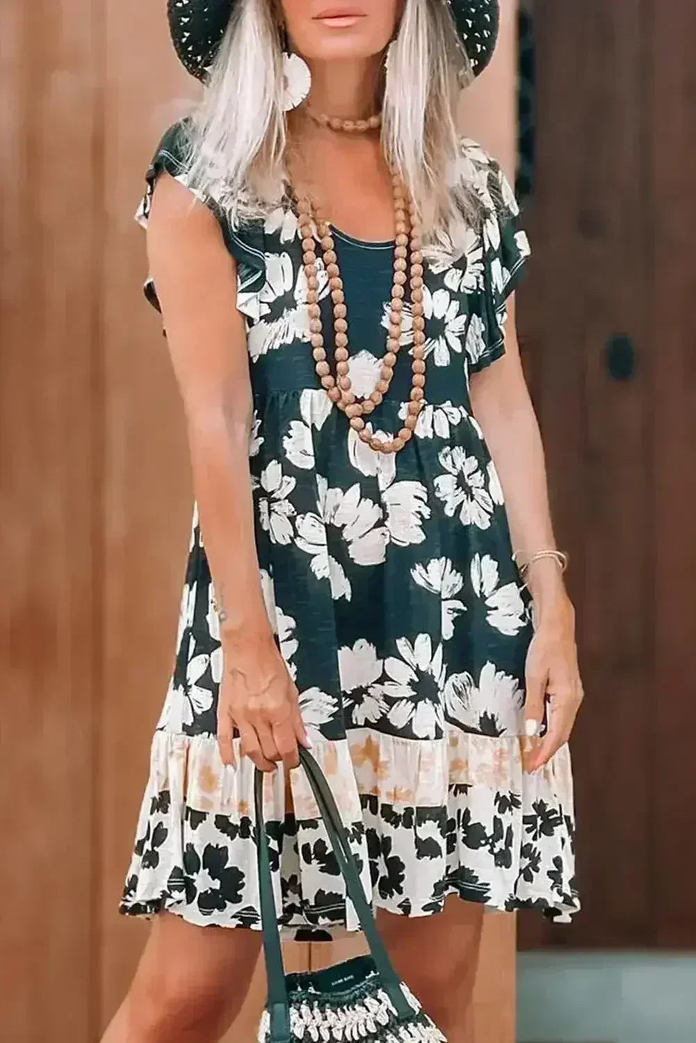 Dark Green Floral Print Ruffle Sleeve Empire Waist Mini Dress