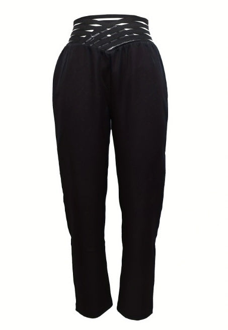 High Waist Slimming Casual Pants for Ladies - Solid Color Hollow Fashionable Design