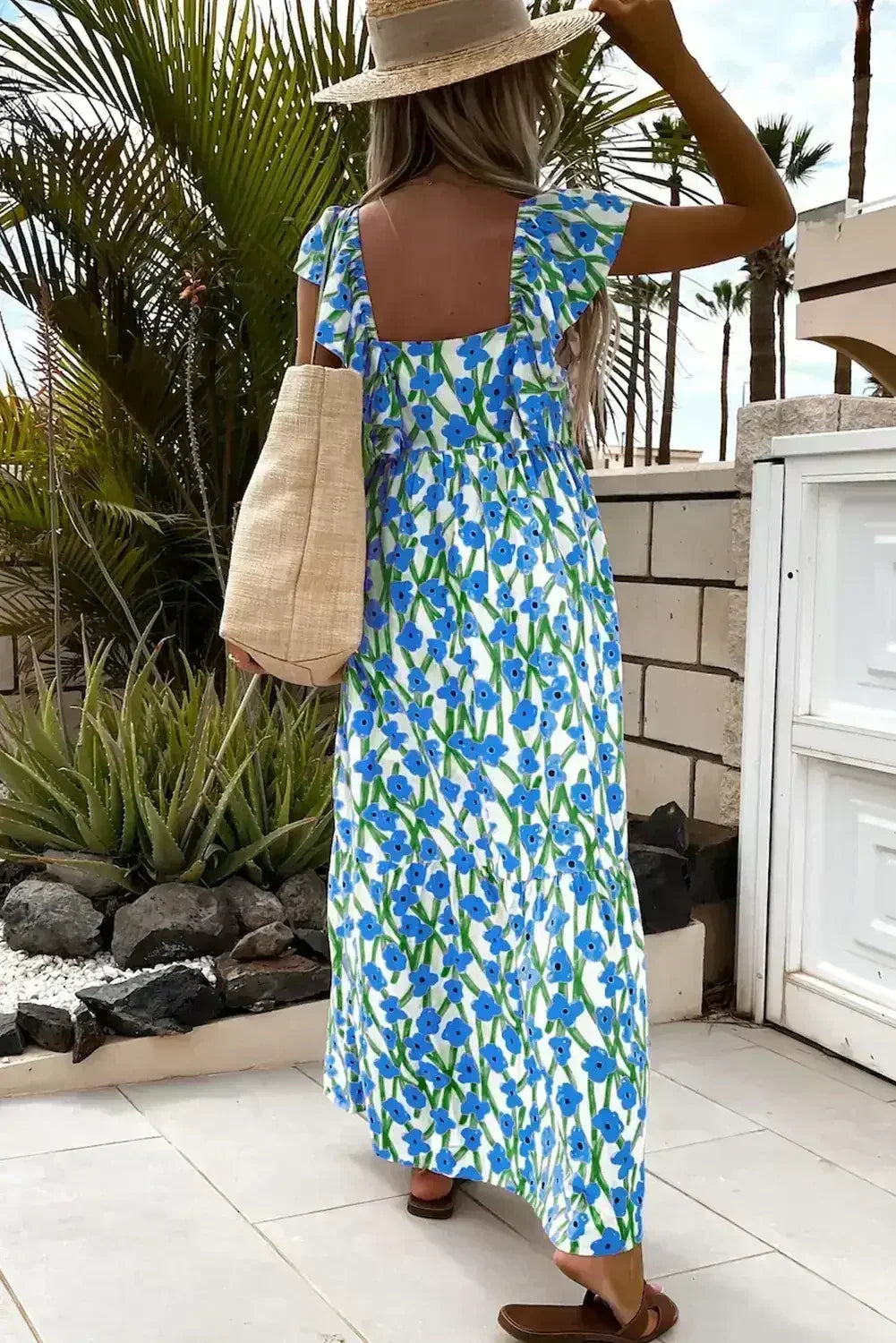 Pink Floral Print Square Neck Ruffled Strap Maxi Dress