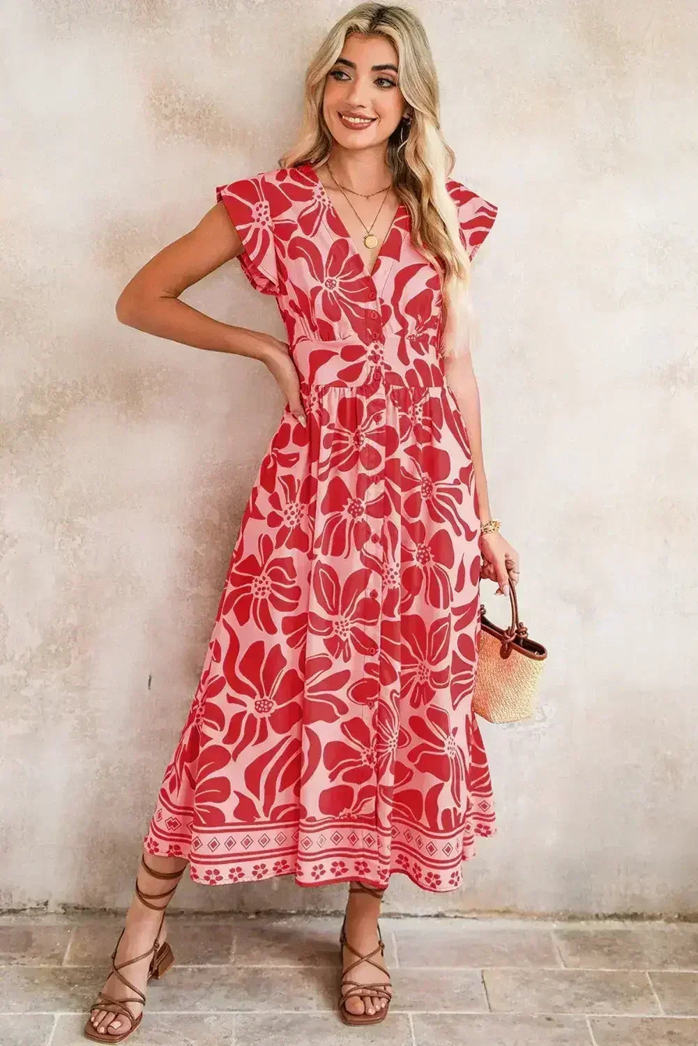 Red Boho Floral V-Neck Ruffle Shoulder Maxi Dress