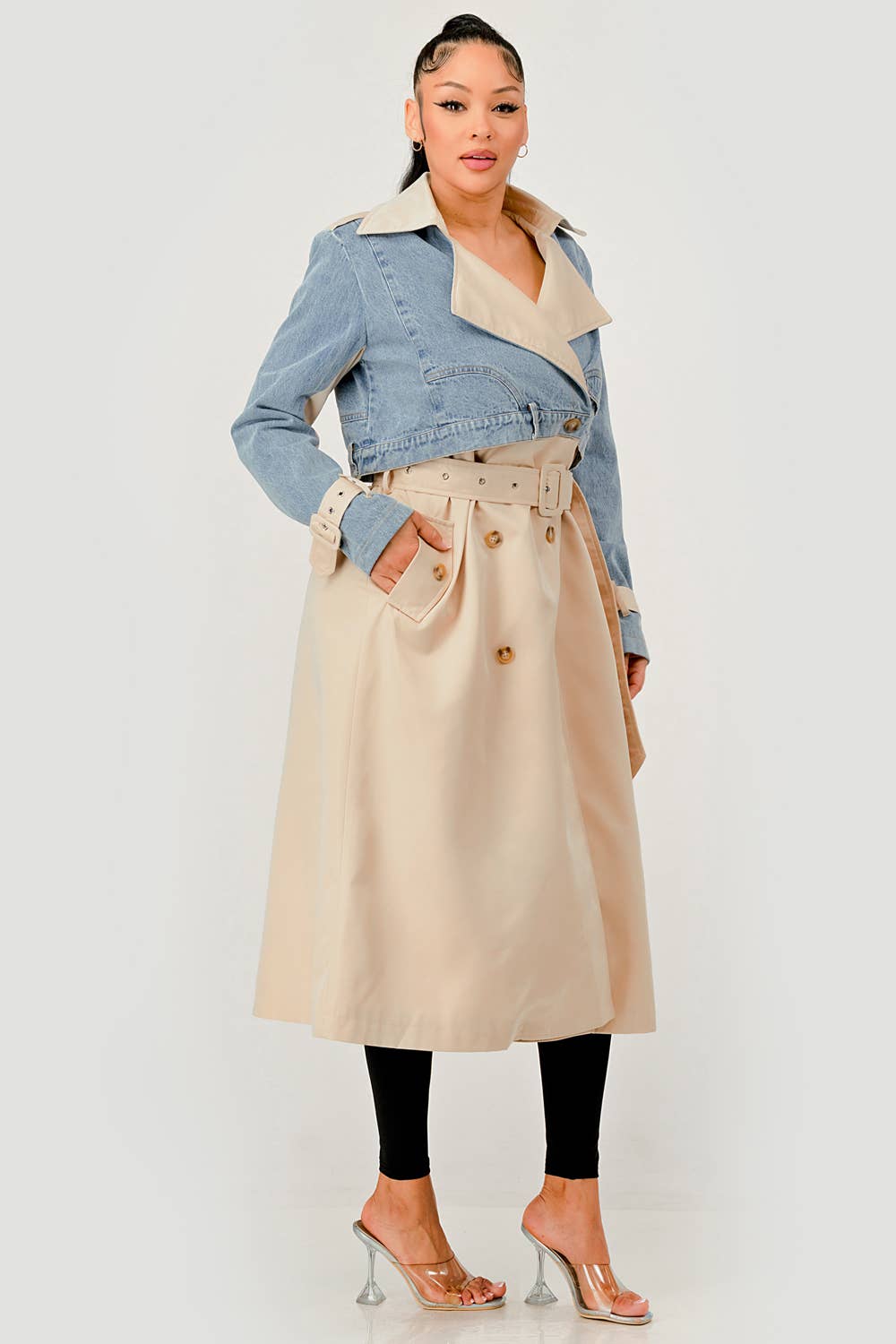 Denim Contrast Belted Trench Coat