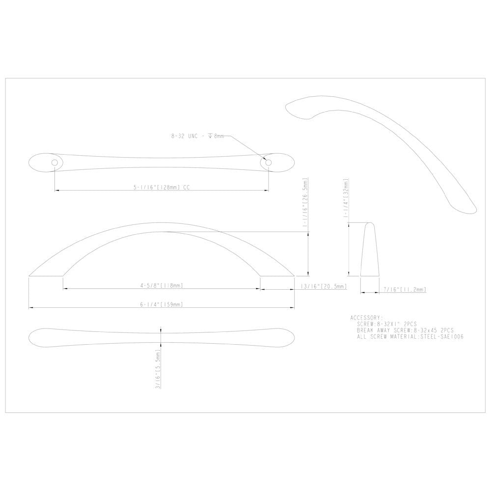 128 mm Brushed Antique Brass Arched Kingsport Cabinet Pull
