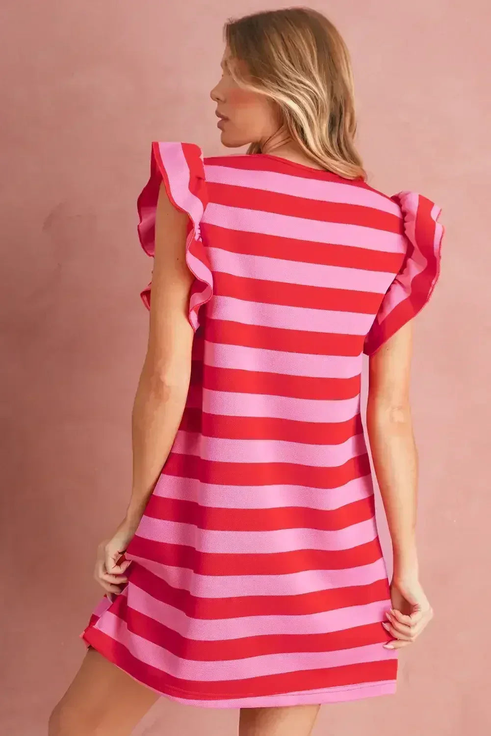 Black Stripe Flutter Sleeve Round Neck Shift Mini Dress