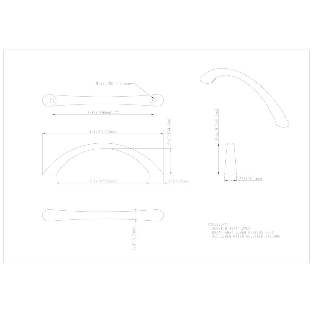 96 mm Center-to-Center Satin Nickel Arched Capri Cabinet Pull