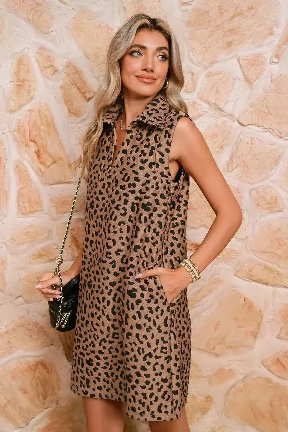 Khaki Leopard Print V Neck Sleeveless Collared Mini Dress