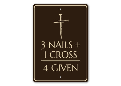 Decorative sign with cross and text on a brown background