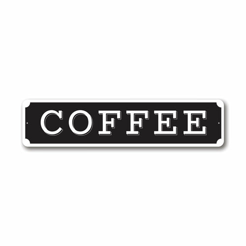 Black sign with 'COFFEE' text on a white background