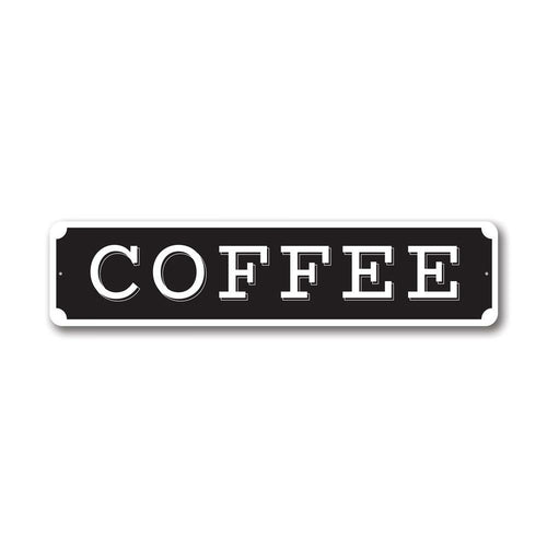 Black sign with 'COFFEE' text on a white background