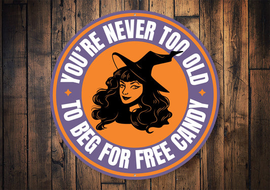 Circular Halloween-themed sticker with a witch design and text on a wooden background