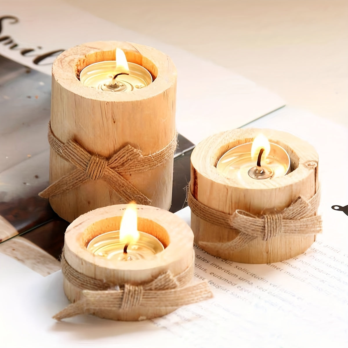 Elegant Wooden Cylindrical Candlesticks Set Handmade Home Decor