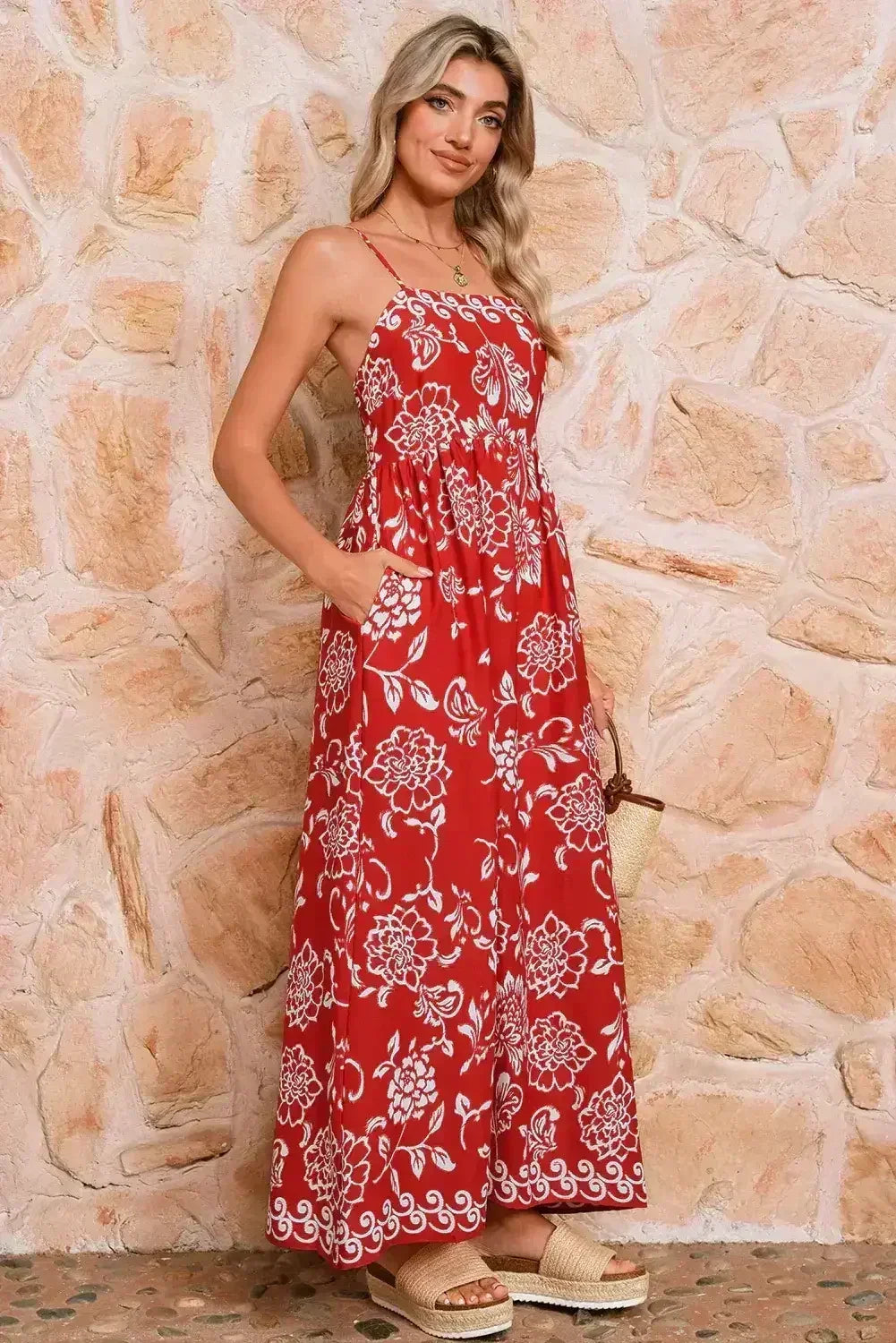 Red Floral Print Spaghetti Strap Empire Waist Maxi Dress