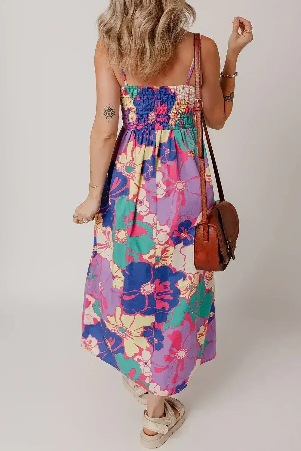 Purple Floral Print Shirred Spaghetti Strap Loose Maxi Dress