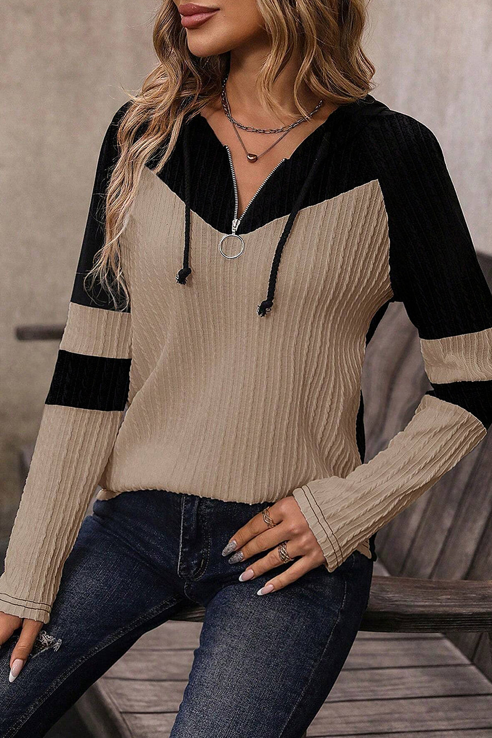 Parchment Textured Patchwork Long Sleeve Hooded Women's Top