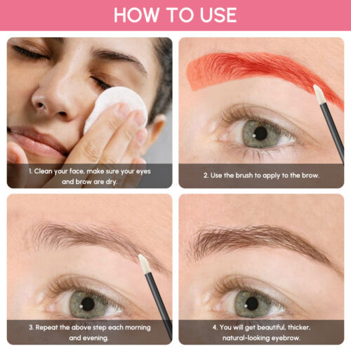 Step-by-step guide on applying eyebrow product with close-up images and text instructions.