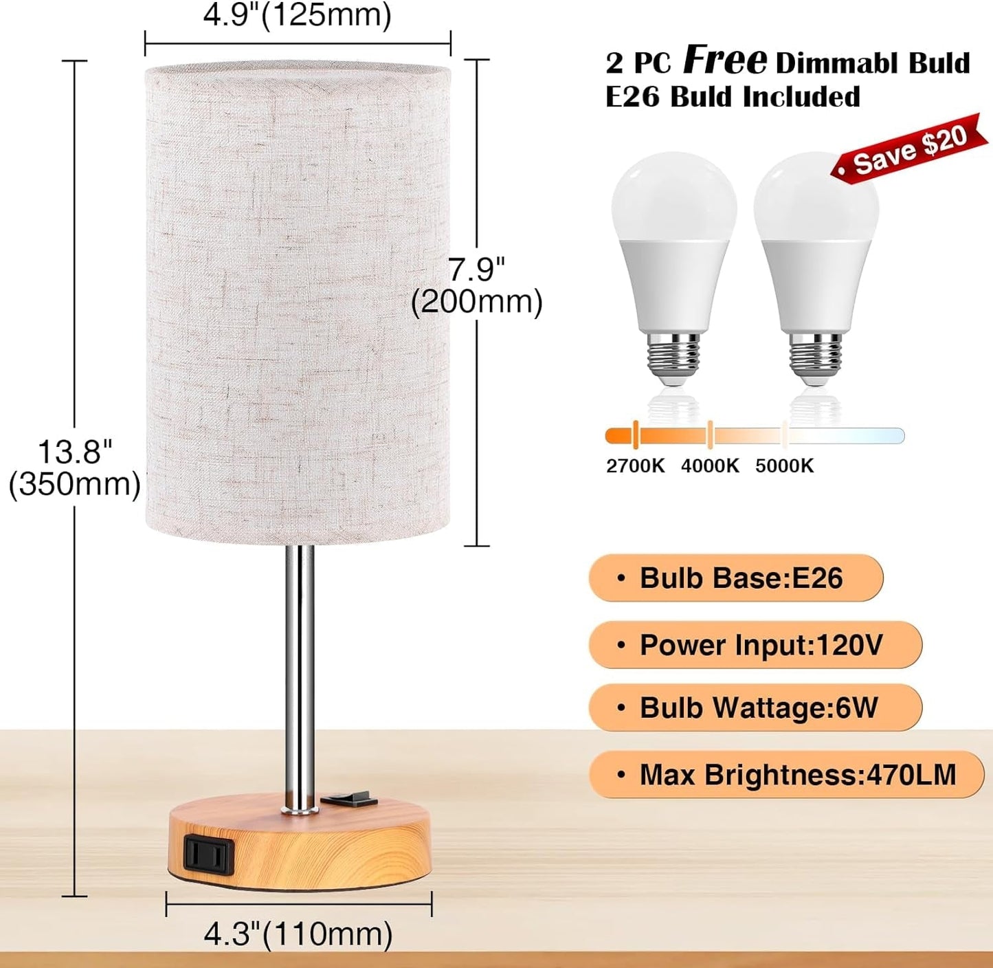 Table Lamp for Bedroom Set of 2, Bedside Small Lamps with 3 Way | Lighting | Kitchen + Metal