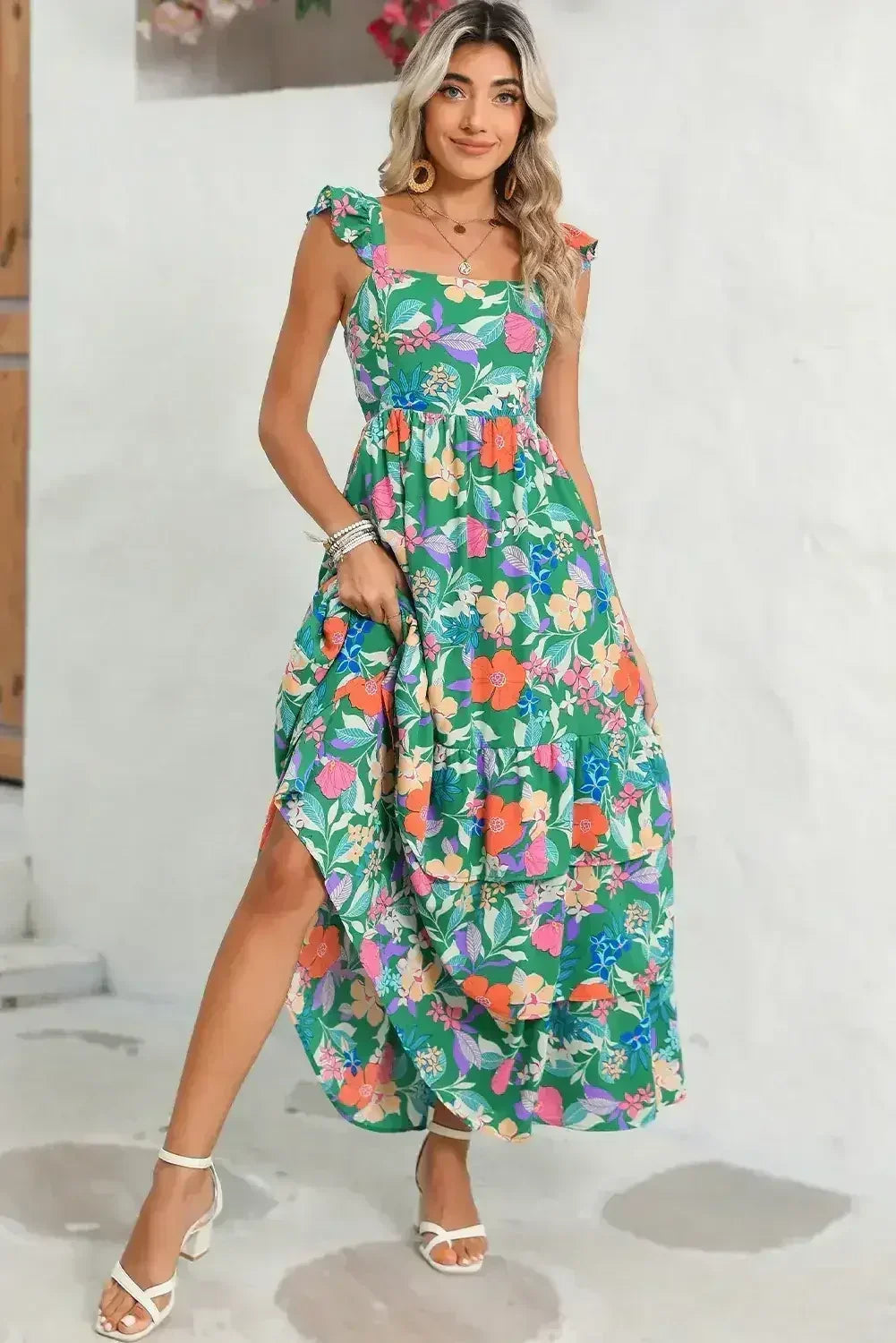 Green Boho Floral Print Ruffle Sleeveless Tiered Maxi Dress